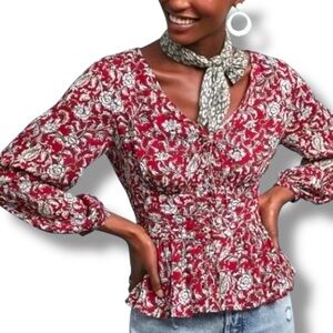 Anthropologie Feather & Bone Latrobe Smocked Corset Peplum Blouse Sz 10